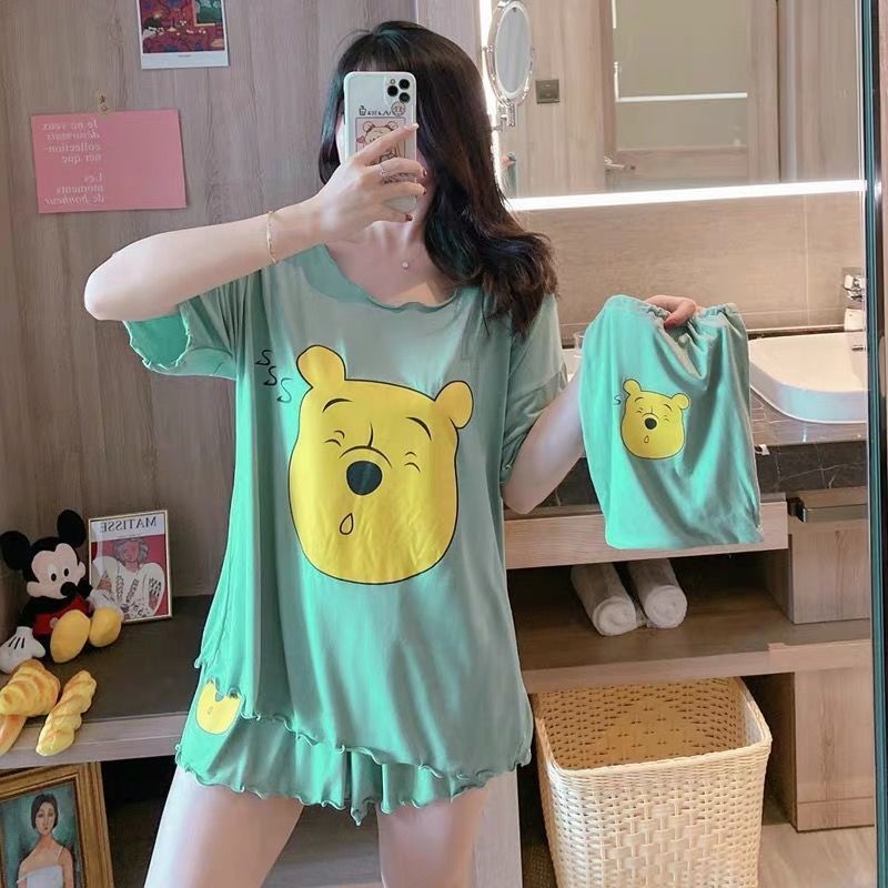 Quality Durable 2PCS Pajama Set Women Cotton Winnie Cartoon Pyjamas Ladies Plus Size Baju Tidur Wanita Short Sleeve L... - Image 2