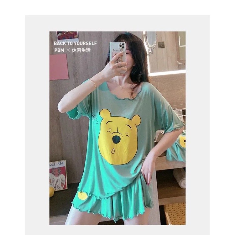 Quality Durable 2PCS Pajama Set Women Cotton Winnie Cartoon Pyjamas Ladies Plus Size Baju Tidur Wanita Short Sleeve L... - Image 4
