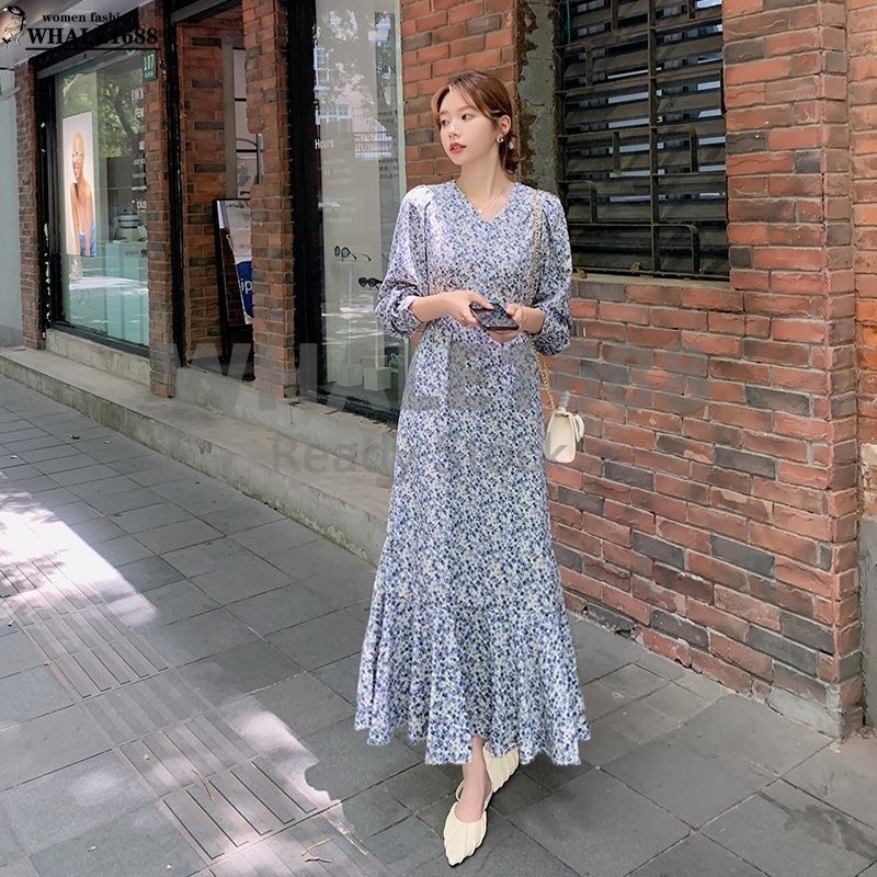 【Ready Stock】Blue Fishtail Floral Dress Women 2021 New French Long-sleeved V-neck Dress