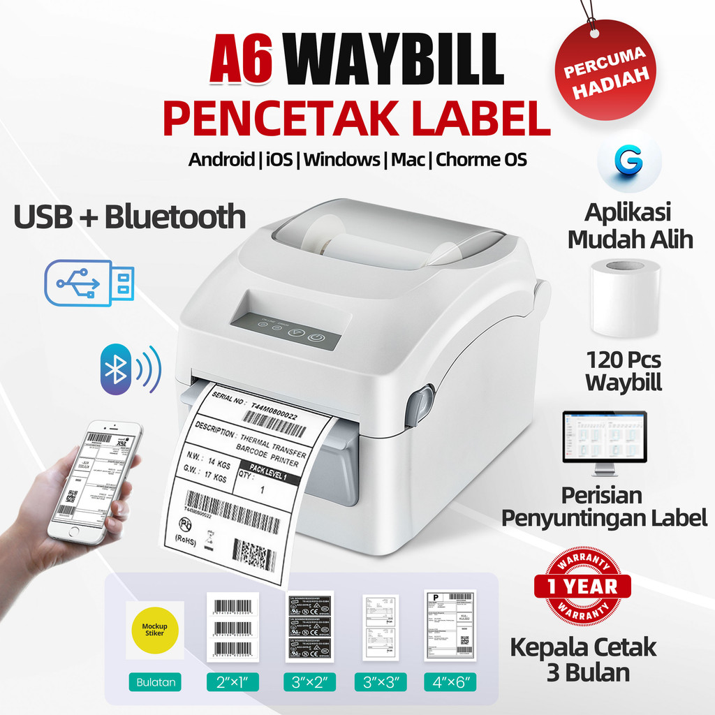 A6 Bluetooth Thermal Printer – Shipping Label, Barcode, AWB Air Waybill Sticker Printer