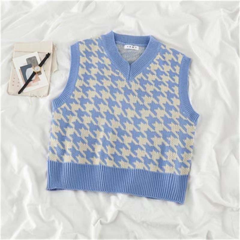 Multi Versatile Korean Style Women Knitted Sleeveless Houndstooth Loose V-neck Knit Vest Sweater