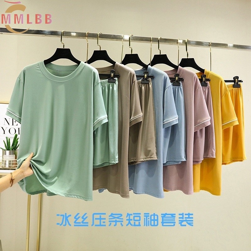 Essential Durable Ready Stock Women Ice silk Lounge wear set Plus Size Plain Loose Casual Pajamas Summer round neck S... - Image 4