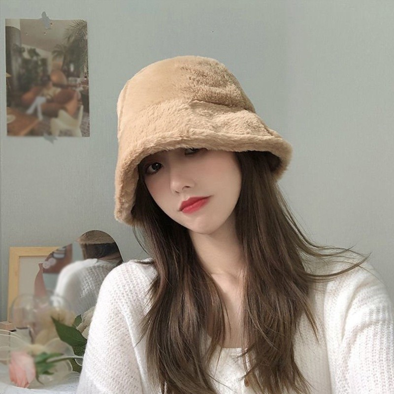 Women Faux Fur Winter Warm Sun Hat 56-58cm Fleece Bucket Hat