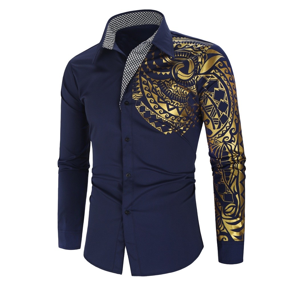 Premium Multi Mens New Slim Fit Long Sleeve Chemise Homme Social Gold Black Shirt Fashion Men Club Prom Shirts - Image 3