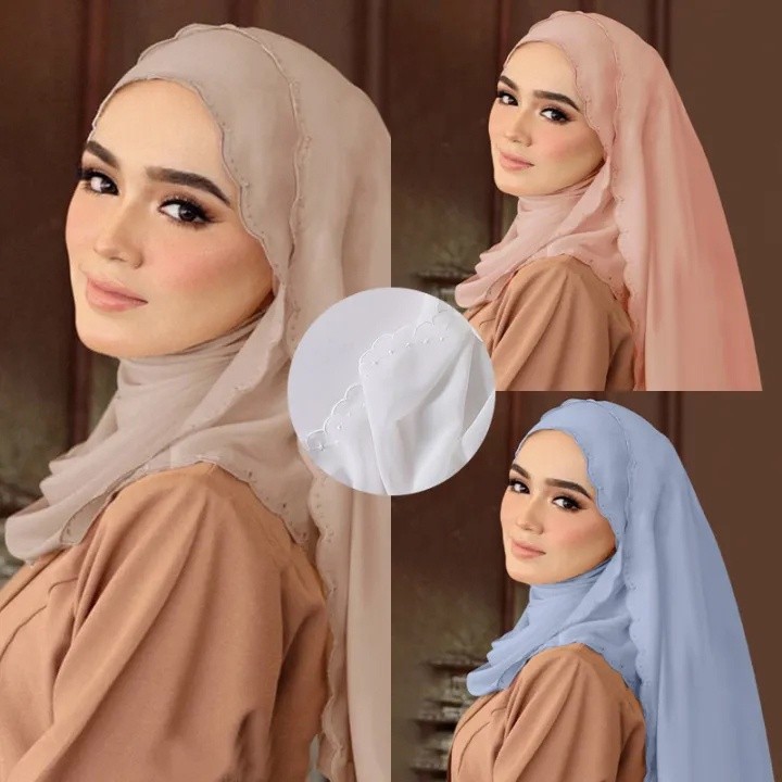 Premium Must New Style Chiffon Shawl Sulam Edge Embordiery Pearl Scarf Women's Headscarf Head Muslim Gauze Hijab Purpose - Image 2