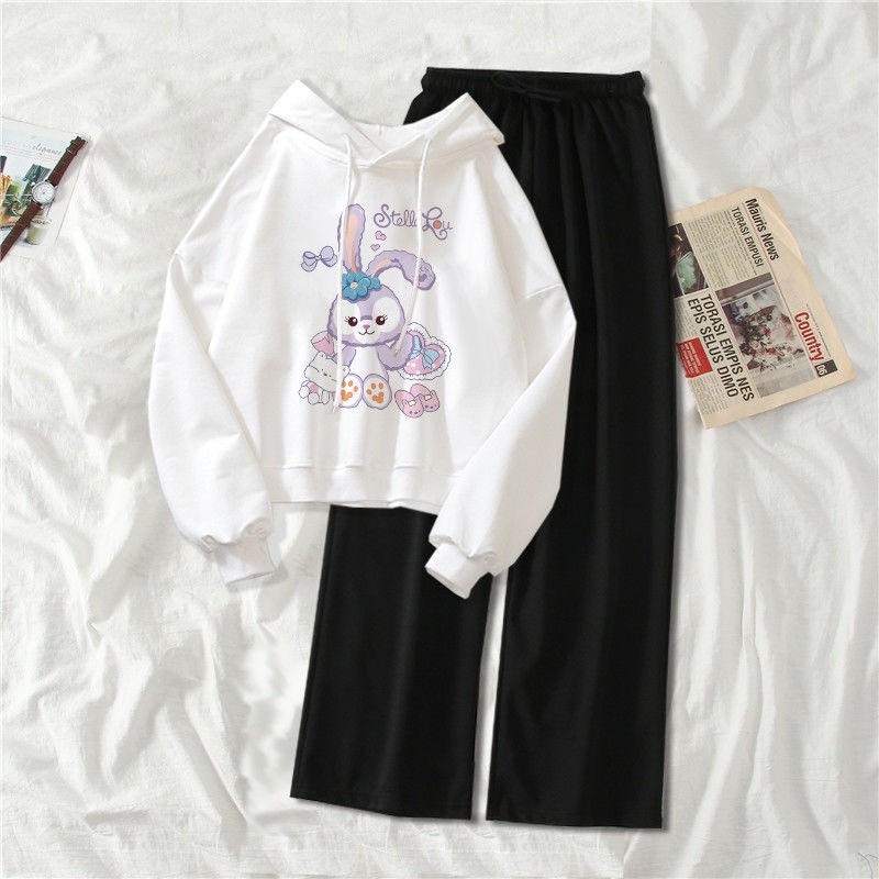 Have Durable Single / Suit Korean Version Sweater Children's Cartoon Loose College Women's New Hooded Wide-leg Pants ... - Image 5