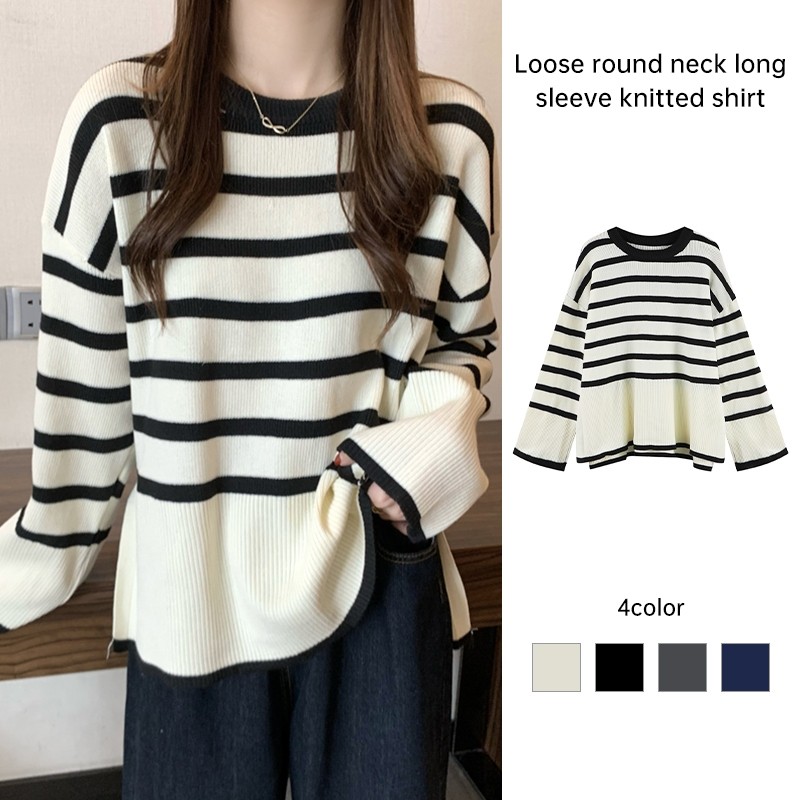 【Malaysia stock】Women Ladies O-Neck Long Sleeve Knit Top Sweaters Shirts Loose Blouse Amika1
