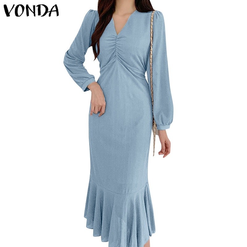Essential Premium VONDA Women Korean V Neck Long Sleeve Solid Color Drawstring Tunic Belted Casual Dress Must Quality - Image 2