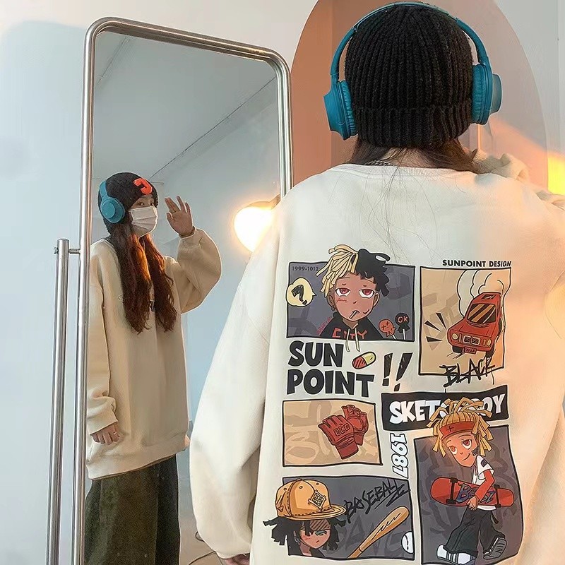 Essential Purpose Men's Hip-hop Anime Street Round Neck Oversized Jacket Women's Thickened Couple Long Sleeved Fashio... - Image 3