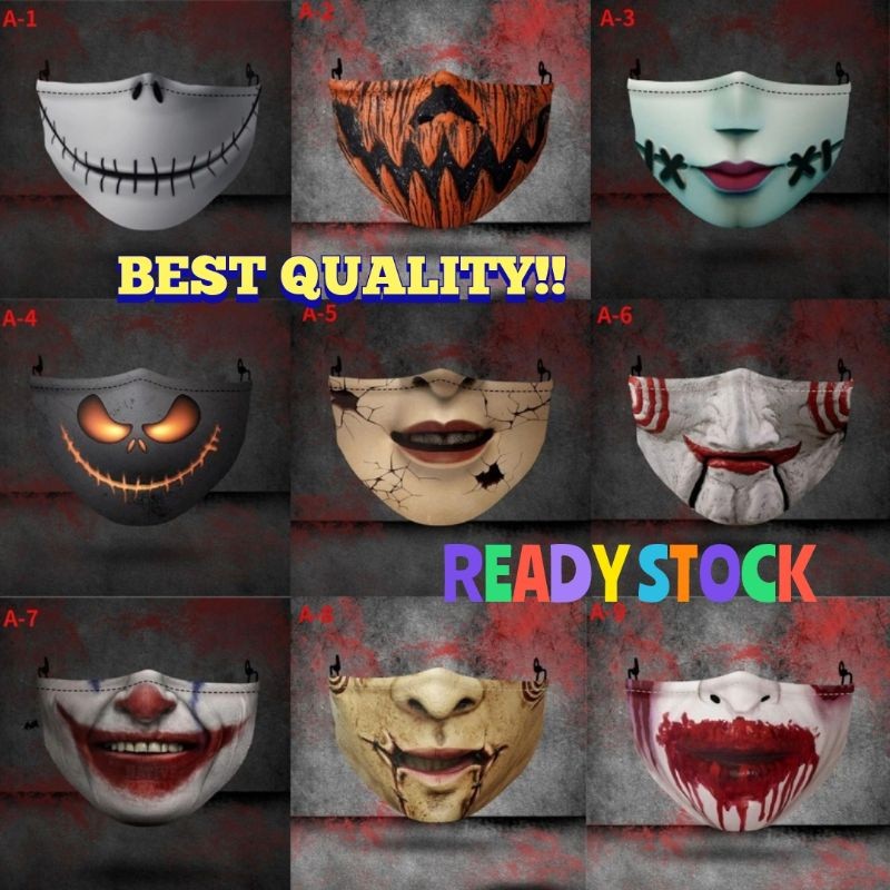 Versatile Premium pelitup muka seram hantu 3D Clown Face Mask Washable Reusable Joker ghost Halloween Adult kids part... - Image 3