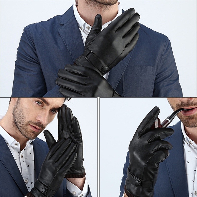 Versatile Durable Men Winter Windproof Gloves Touch Screen Keep Warm Driving Male Autumn Fashion Black Leather - Image 2