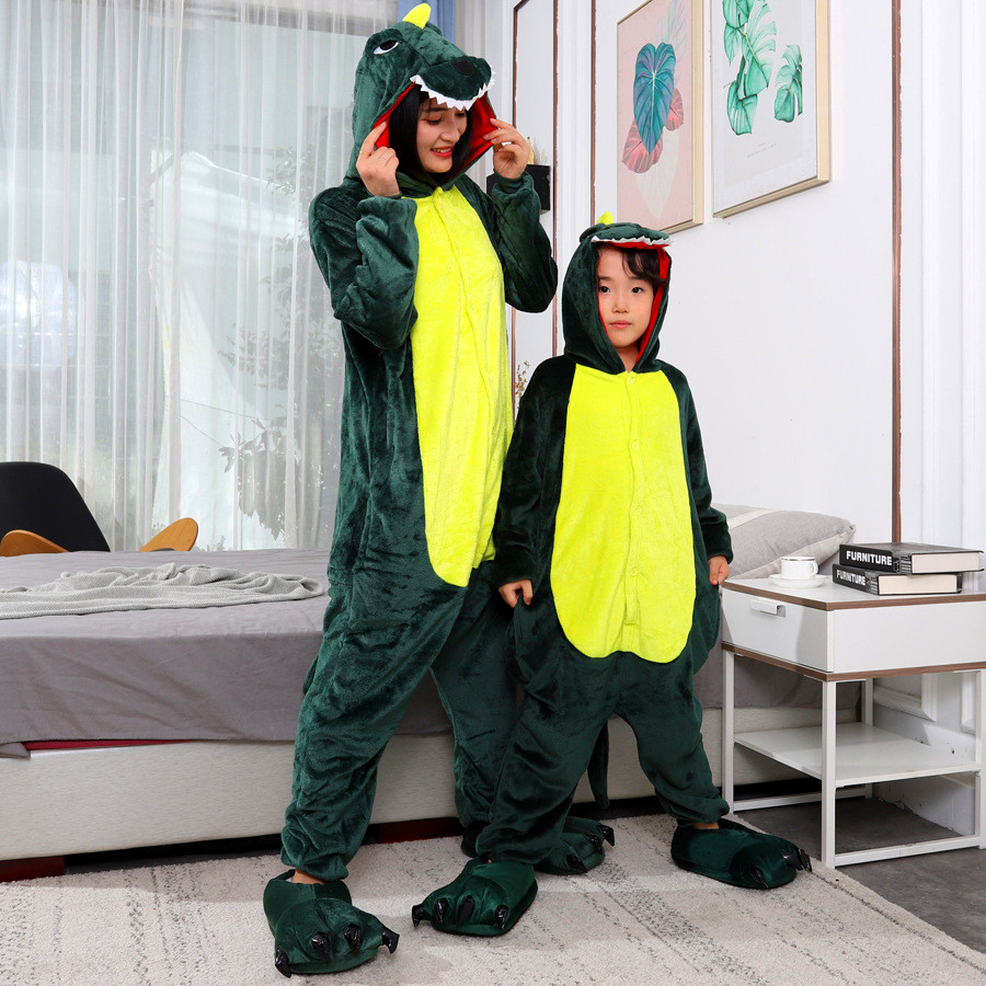 Parent-Child Pajamas Women baju tidur Cute Green Dinosaur Animal Onesies Adult Couple Costume Cartoon Pyjamas - Local