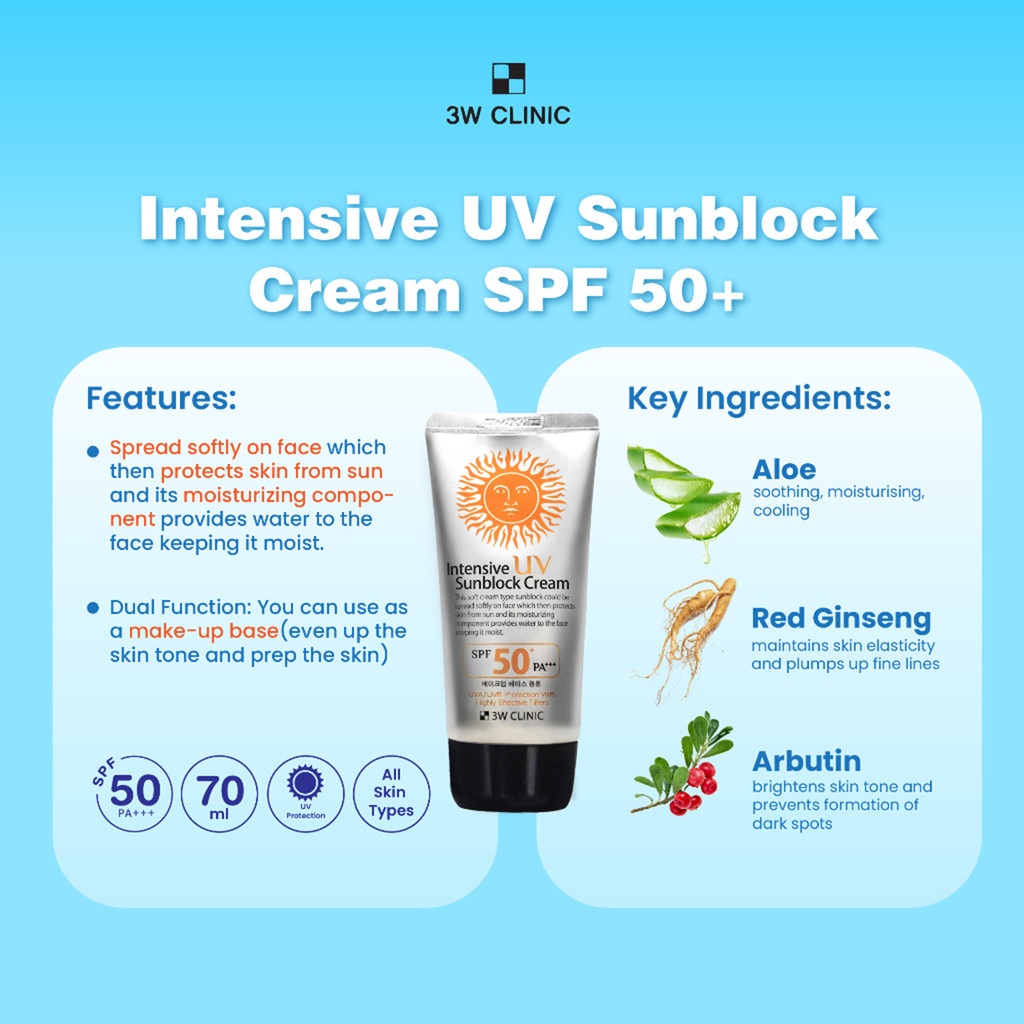 3W CLINIC Sunscreen Intensive UV Sunscreen Cream Moisturizing For Sensitive Skin  PA+++ SPF50+ 70ml Sun UV Protection