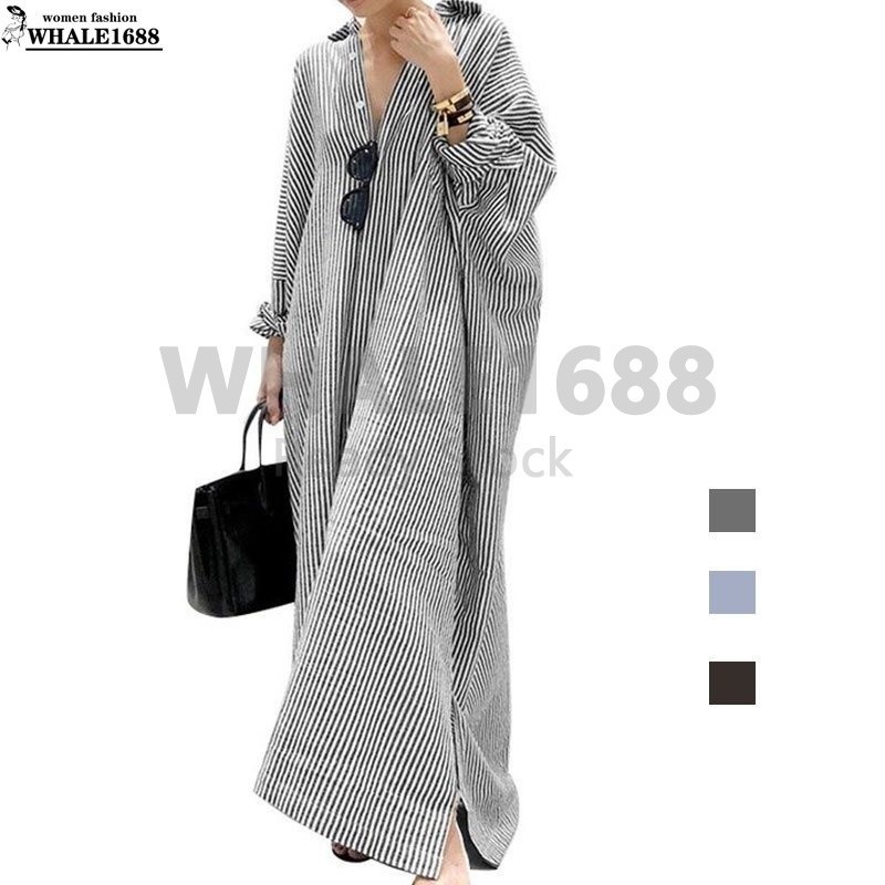 【Ready Stock 】Women Fashion Casual Stripe Printed Button Down Split Hem Maxi Shirt Dress