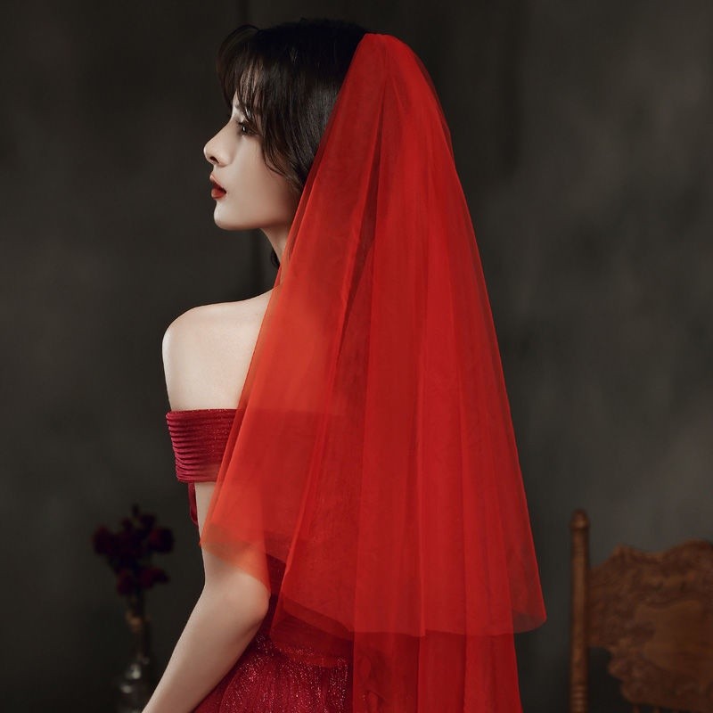 [现货/速发]秀禾服红盖头中式网纱红色头纱新娘结婚礼服旗袍头饰拍照道具ap.my5.30Xiuhe cloth Red Veil Chinese style gauze Red Veil Bride W