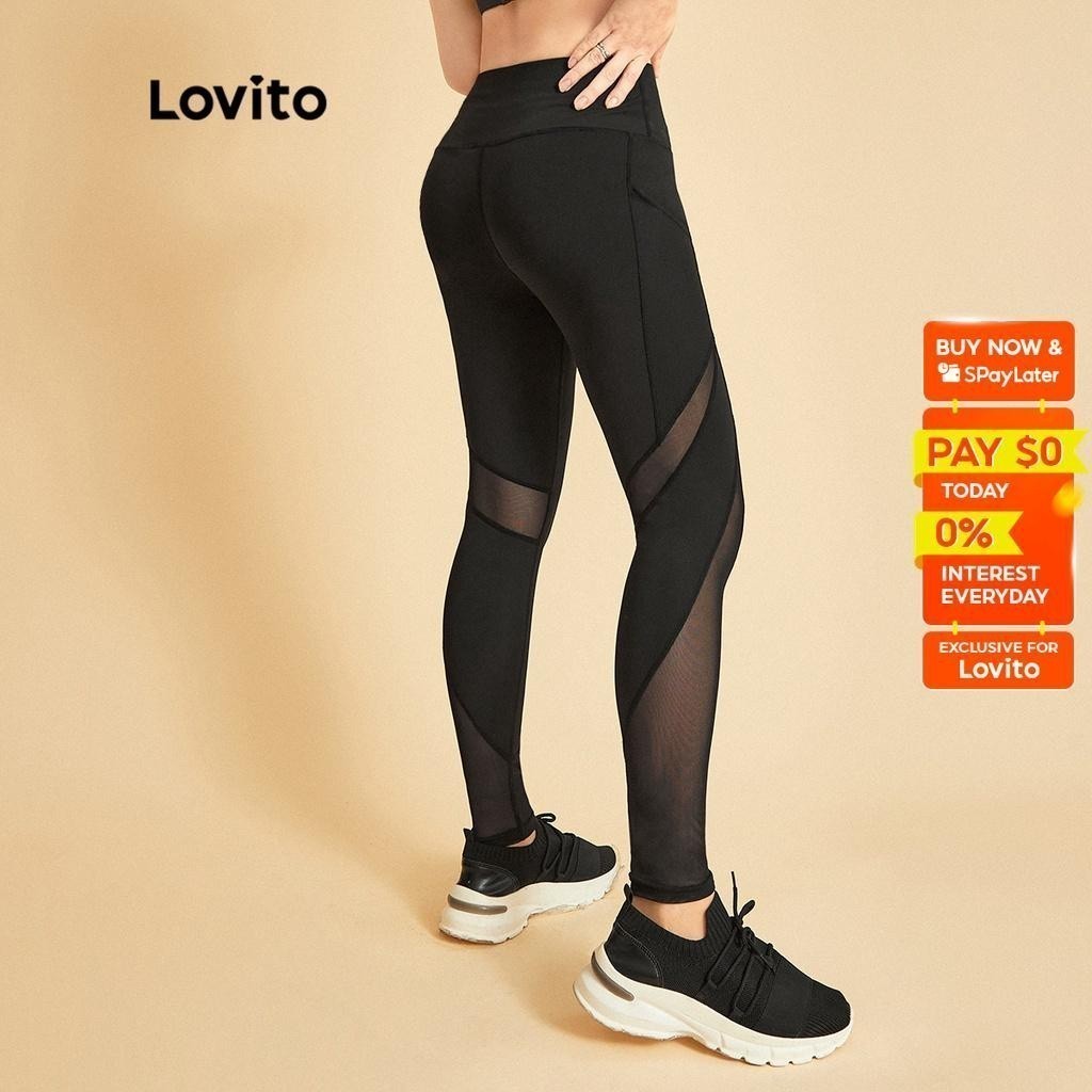 Lovito Butt Lifting Slimming Training Yoga Wrinkle-resistant Contrast Mesh Women Sports Legging L34AD024 (Black) Lovito 