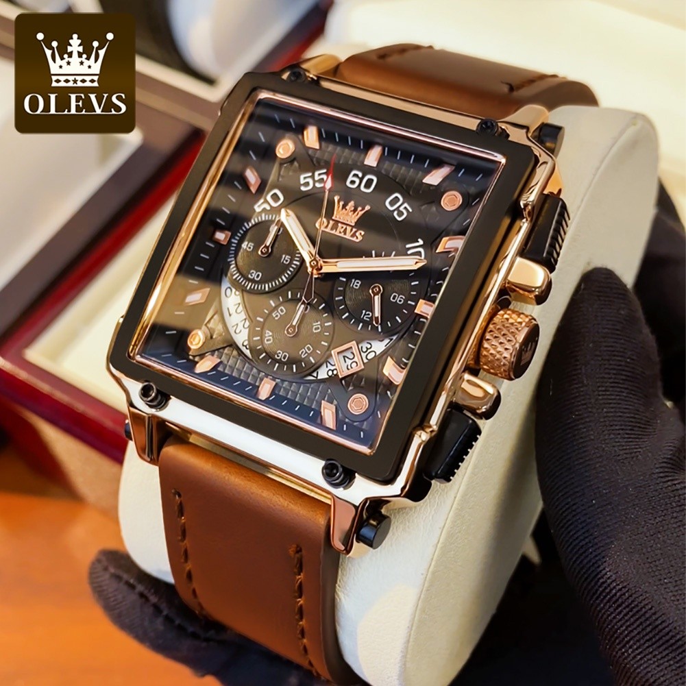 Fashion Casual Olevs Jam Tangan Lelaki Pria Waterproof Luxury Square Big Watch Men Tali Kulit Leather Watches Strap C... - Image 2