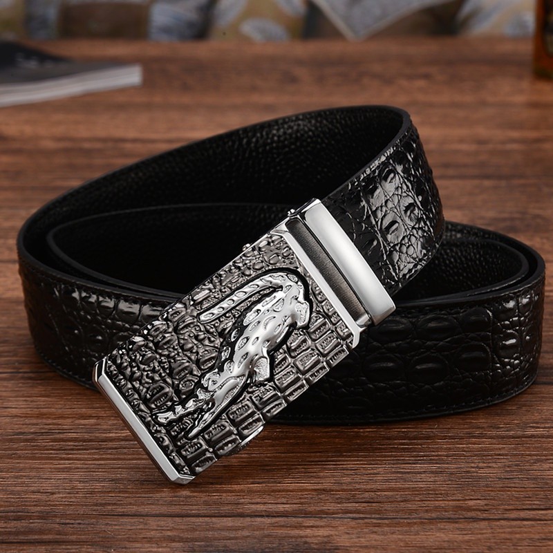 Essential Versatile Men High Quality Leather Belts Silver Gold Buckle Cowhide Crocodile Belt - Image 2