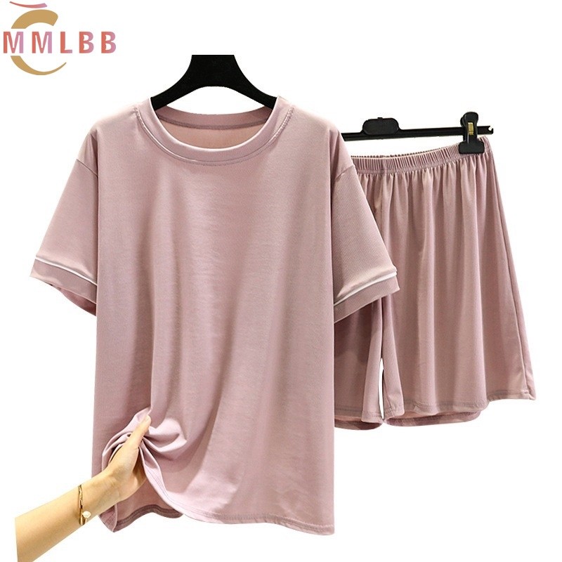Essential Durable Ready Stock Women Ice silk Lounge wear set Plus Size Plain Loose Casual Pajamas Summer round neck S... - Image 2