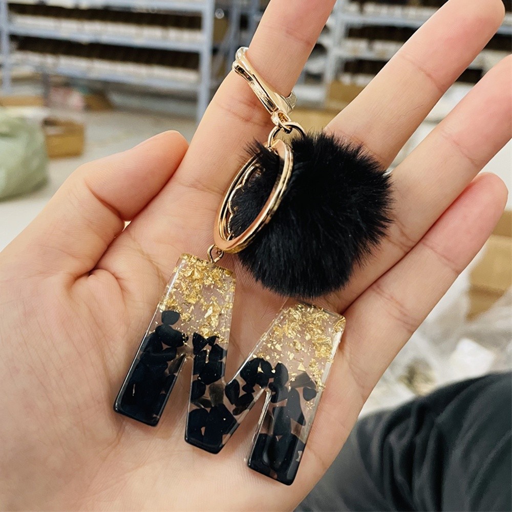 Trendy Outdoor Black Pompom Letter Keychain Glitter Gradient Resin A-Z Initials Alphabet Keyring Pendant Women Handba...