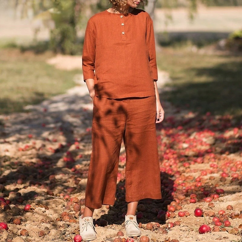 Premium Durable Women Casual Side Pockets Vintage 3/4 Sleeve Elastic Waist Wide Leg Sets Quality - Image 4