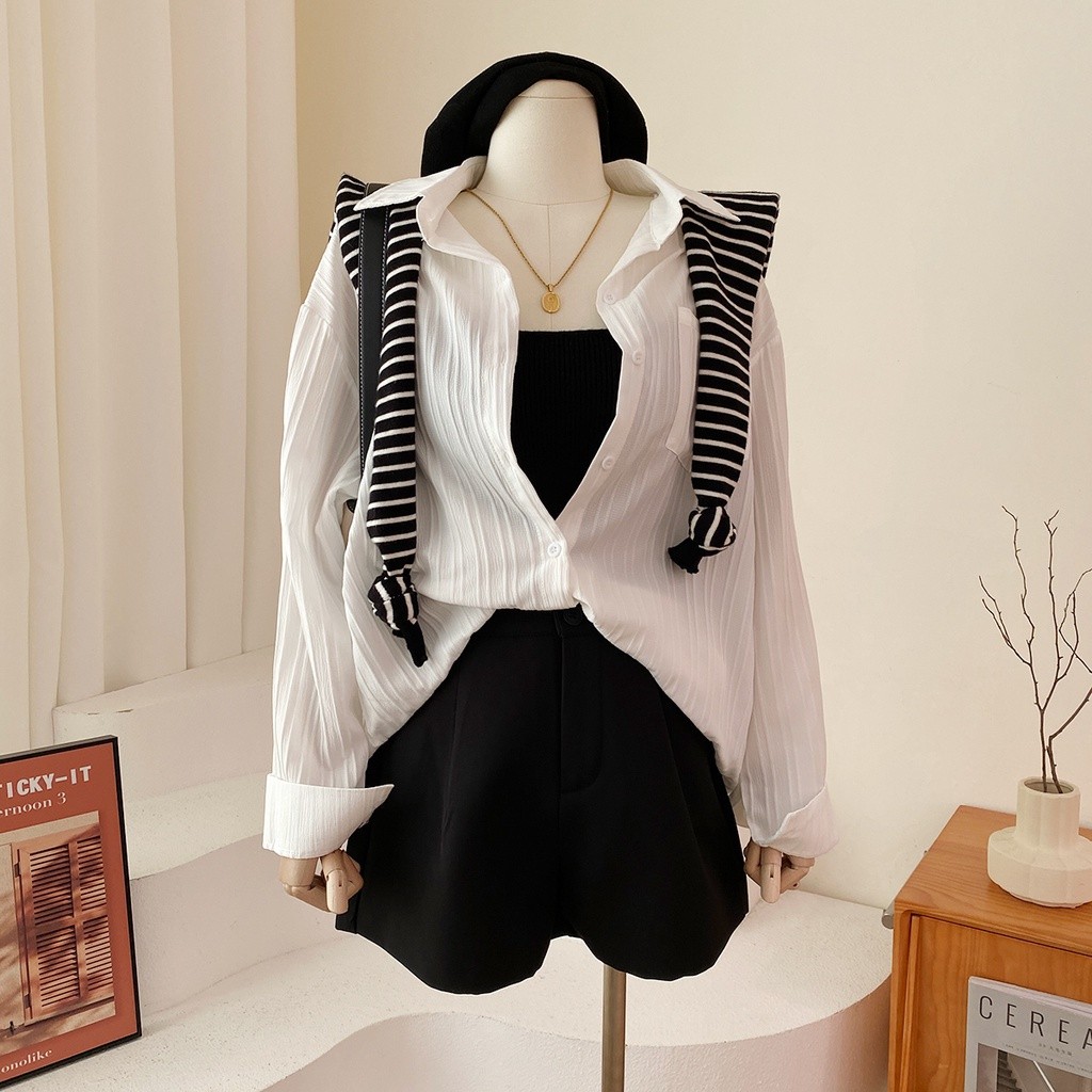 Essential Durable Korean Style Women Ladies Loose Chiffon Pleated Big Size Long Sleeve Shirt Blouse Baju Wanita Lenga... - Image 4