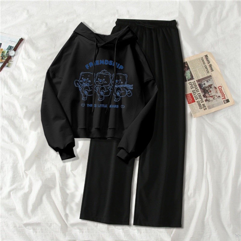 Have Durable Single / Suit Korean Version Sweater Children's Cartoon Loose College Women's New Hooded Wide-leg Pants ... - Image 2