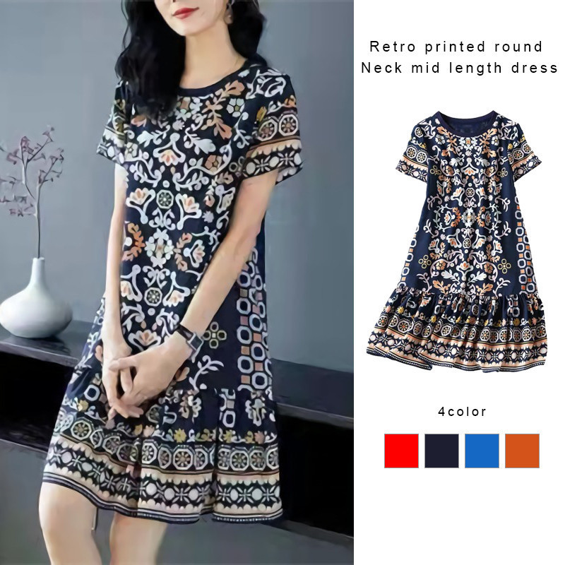 【Malaysia stock】Retro Printed Round Neck Mid-length Dress Loose Casual Short Sleeved Dress Slimming Dress Amika1