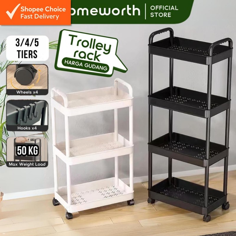 3/4/5 Tier Rolling Storage Trolley – Multipurpose Basket Organizer Cart with Handle for Kitchen, Bathroom, Snacks