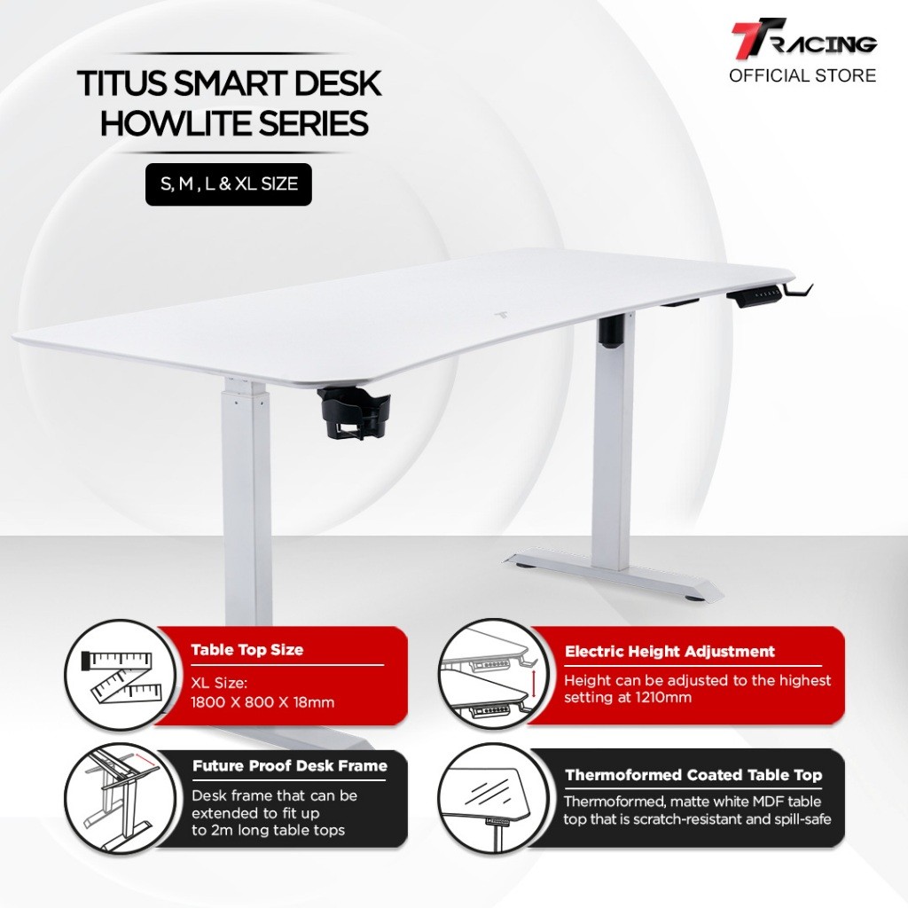 TTRacing Titus Smart Desk Gaming Table Study Working Home Office Height Adjustable Meja - 2 Years Official Warranty