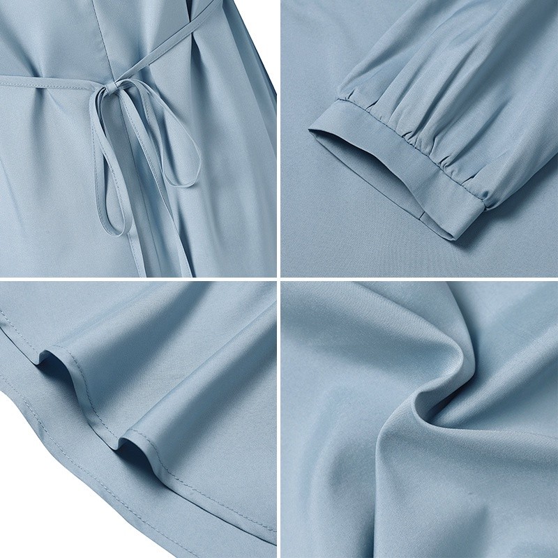 Essential Premium VONDA Women Korean V Neck Long Sleeve Solid Color Drawstring Tunic Belted Casual Dress Must Quality - Image 4