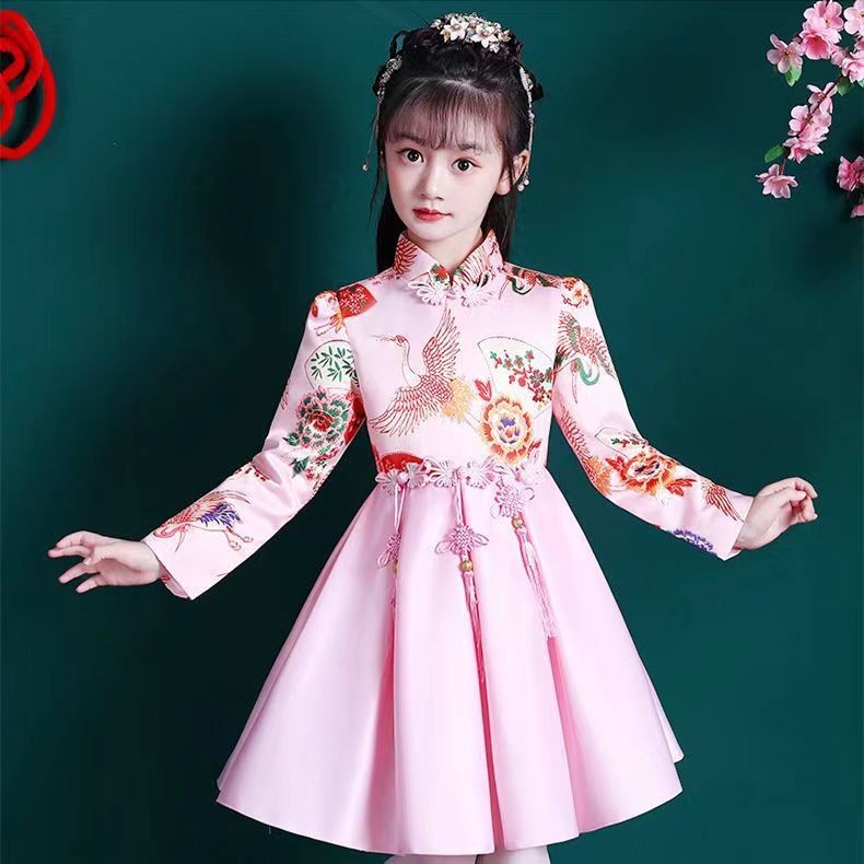 Girls Dress Hanfu Dresses Long Sleeve Kids Princess Dress Chinese Lunar New Year Clothes Fashion Embroidered Design Red 