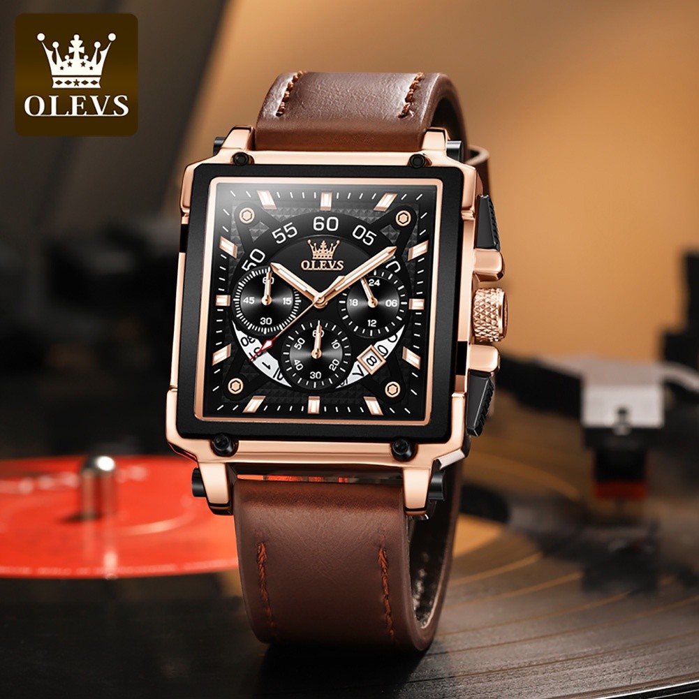 Olevs Original Jam Tangan Lelaki Pria Waterproof Luxury Square Big Watch Men Jam Tali Kulit Leather Watches Strap Chrono