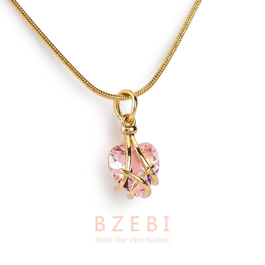 Premium Must BZEBI Gold Plated Pink Heart Barbie Necklace Crystal Birthstone Pendant Cubic Zirconia 398n - Image 4