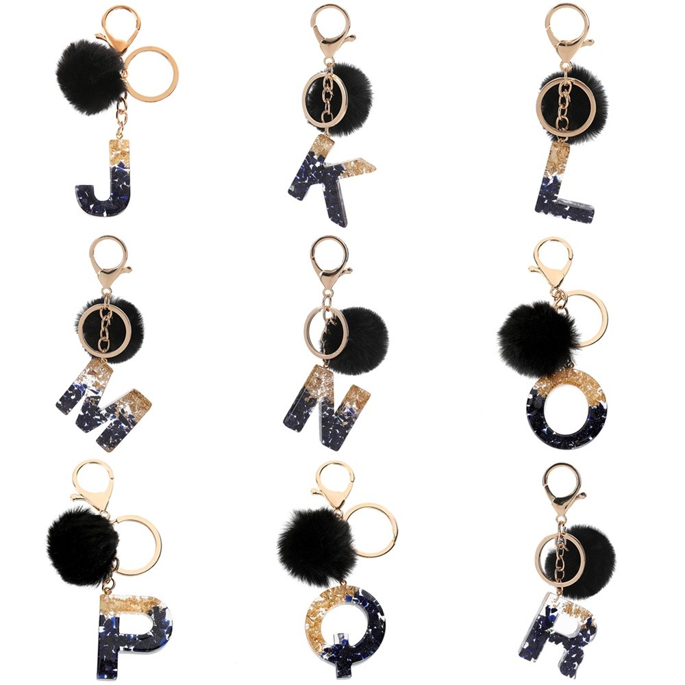 Trendy Outdoor Black Pompom Letter Keychain Glitter Gradient Resin A-Z Initials Alphabet Keyring Pendant Women Handba... - Image 3