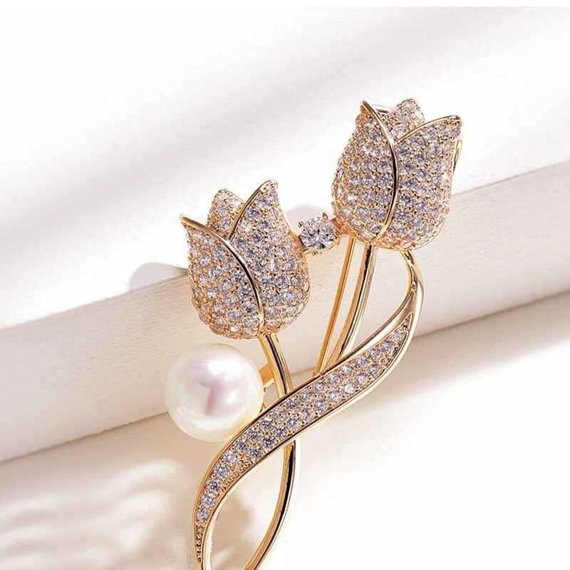 Versatile Have All-match high-end rhinestone tulip flower brooch anti-glare suit collar pin jewelry Multi Durable - Image 2