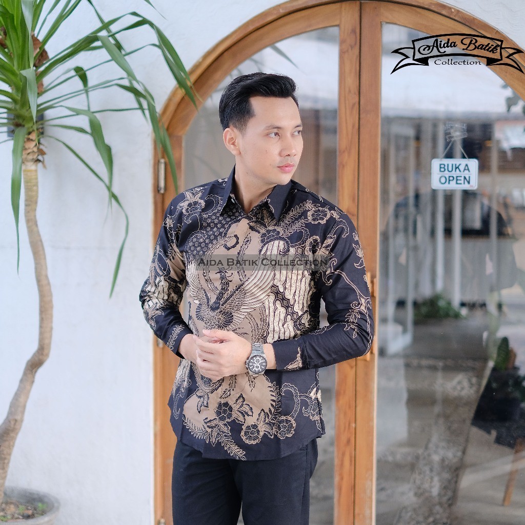 Multi Premium kemeja batik pria modern slim fit atasan lengan panjang baju kasual kerja cowok warna coklat motif Esse... - Image 2