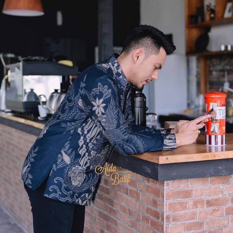 Must Durable kemeja batik pria modern slim fit baju atasan lengan panjang kasual kerja cowok warna navy Quality - Image 2