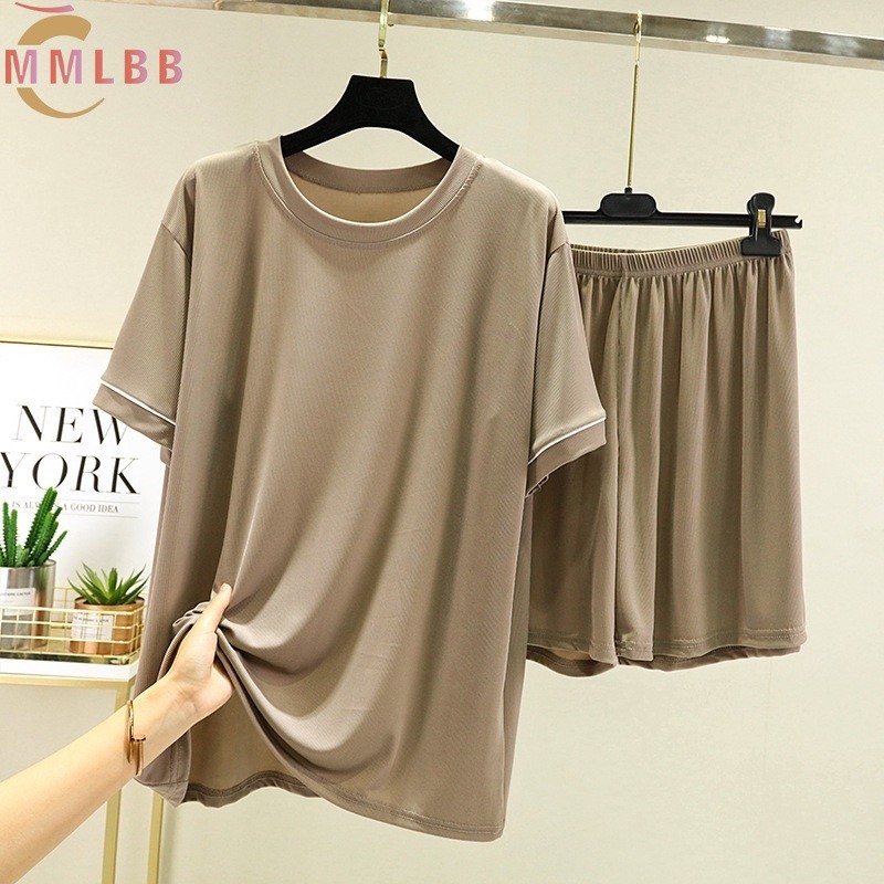 Ready Stock Women Ice silk Lounge wear set Plus Size Plain Loose Casual Pajamas Set Summer round neck Short Sleeve tshir