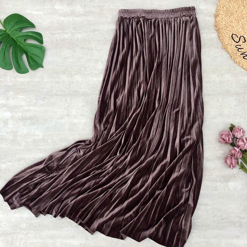 Essential Have Women Skirt Labuh Velvet Dark Metal Color High Waist A-line Pleated Maxi - Image 2