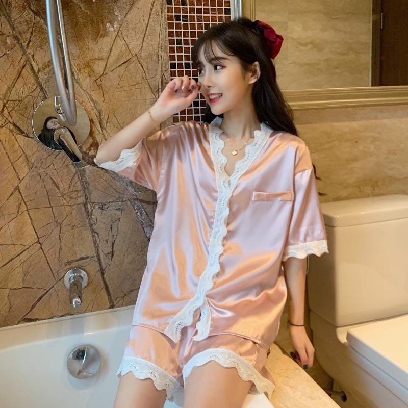 Have Reliable 2PCS Ice Silk Sleepwear Sets Women Satin Pajamas Set Homewear Lounge Top + Shorts Lace Trim Comfortable... - Image 3