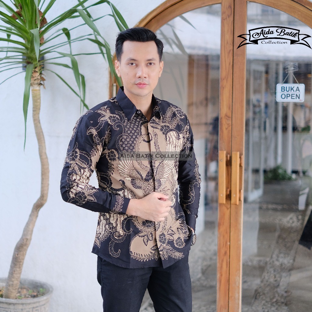 Multi Premium kemeja batik pria modern slim fit atasan lengan panjang baju kasual kerja cowok warna coklat motif Esse... - Image 5