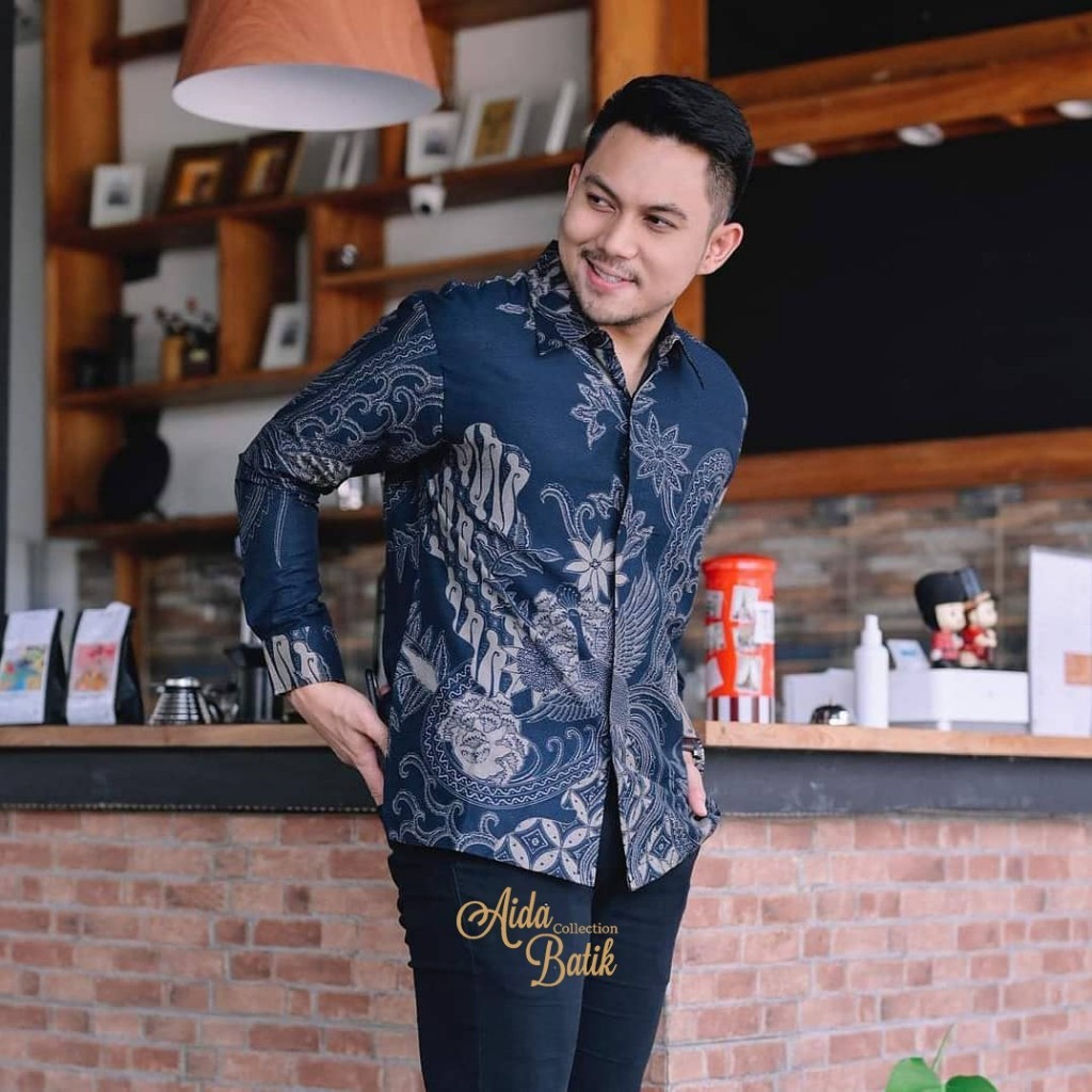 Must Durable kemeja batik pria modern slim fit baju atasan lengan panjang kasual kerja cowok warna navy Quality - Image 4