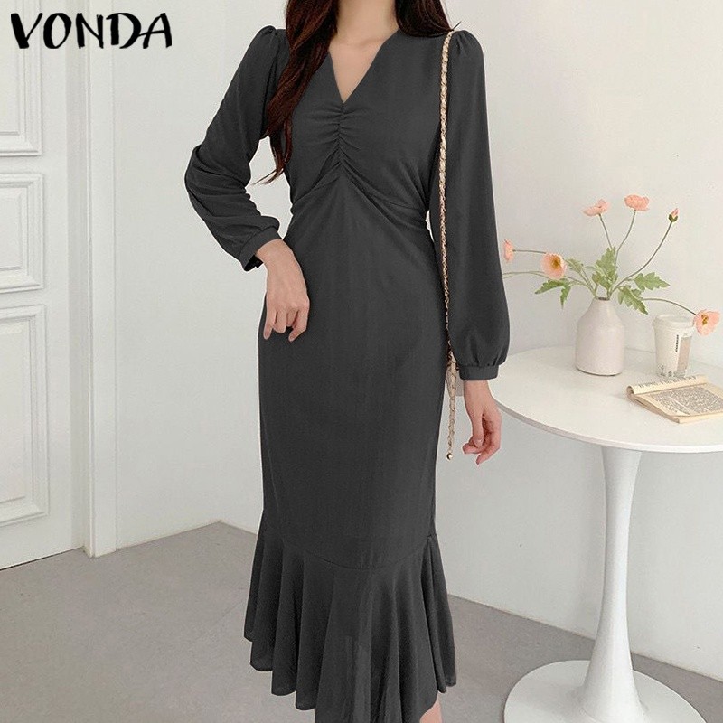 Essential Premium VONDA Women Korean V Neck Long Sleeve Solid Color Drawstring Tunic Belted Casual Dress Must Quality - Image 5