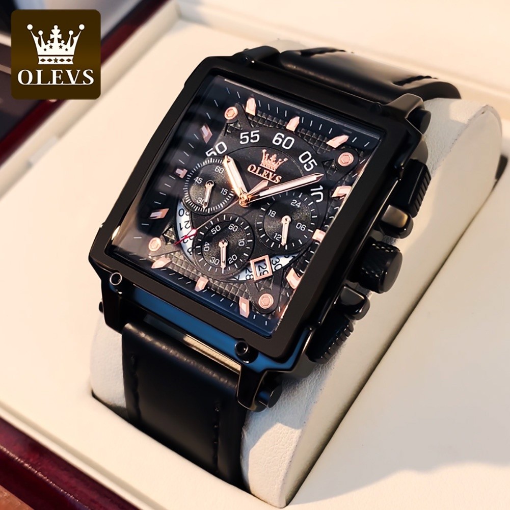 Fashion Casual Olevs Jam Tangan Lelaki Pria Waterproof Luxury Square Big Watch Men Tali Kulit Leather Watches Strap C... - Image 3