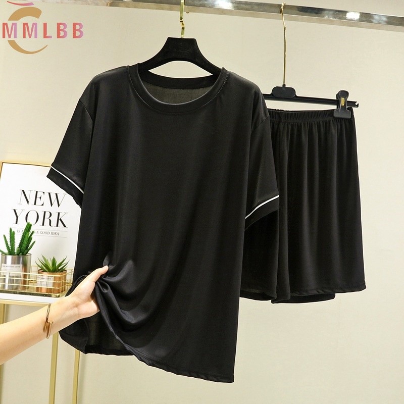 Essential Durable Ready Stock Women Ice silk Lounge wear set Plus Size Plain Loose Casual Pajamas Summer round neck S... - Image 5