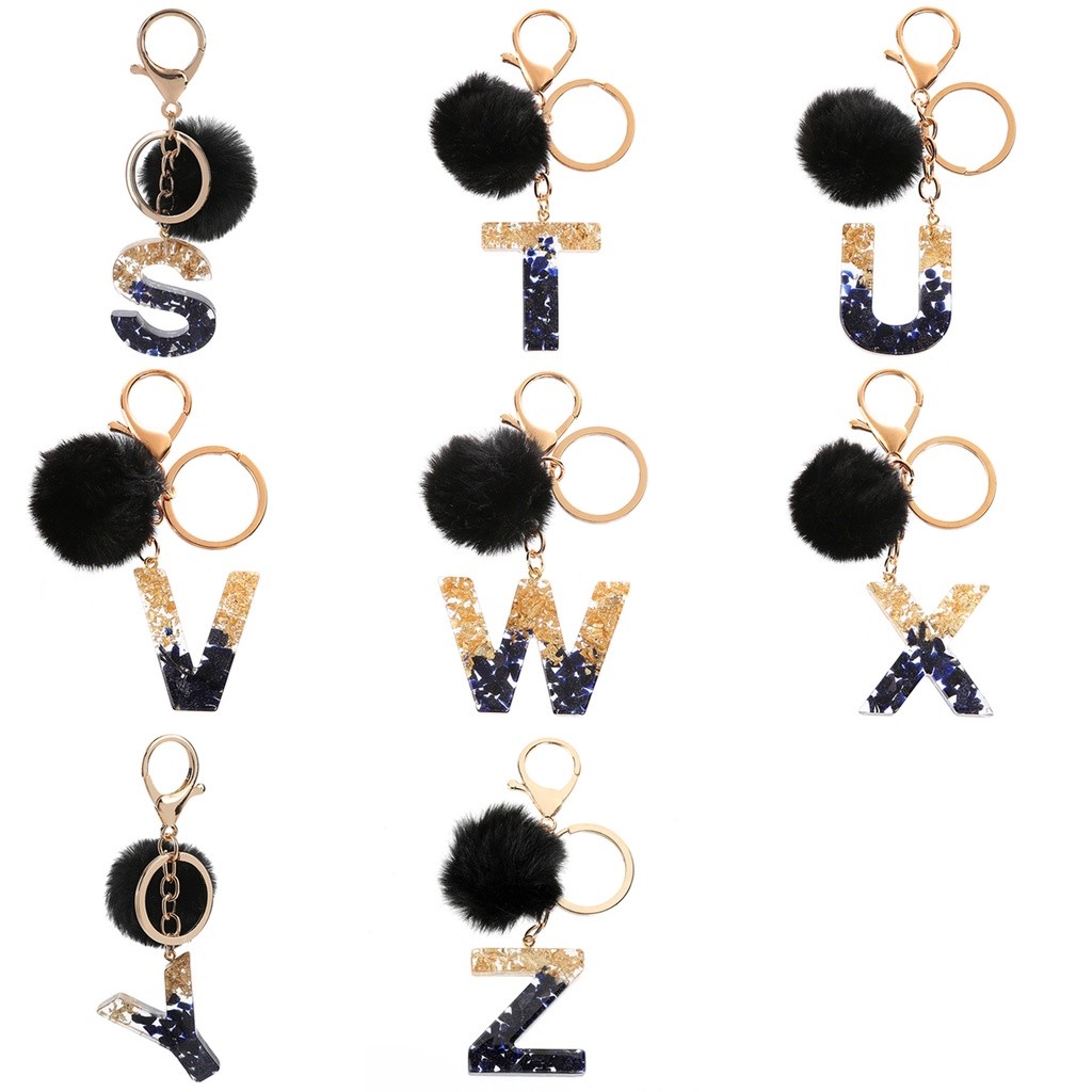Trendy Outdoor Black Pompom Letter Keychain Glitter Gradient Resin A-Z Initials Alphabet Keyring Pendant Women Handba... - Image 5