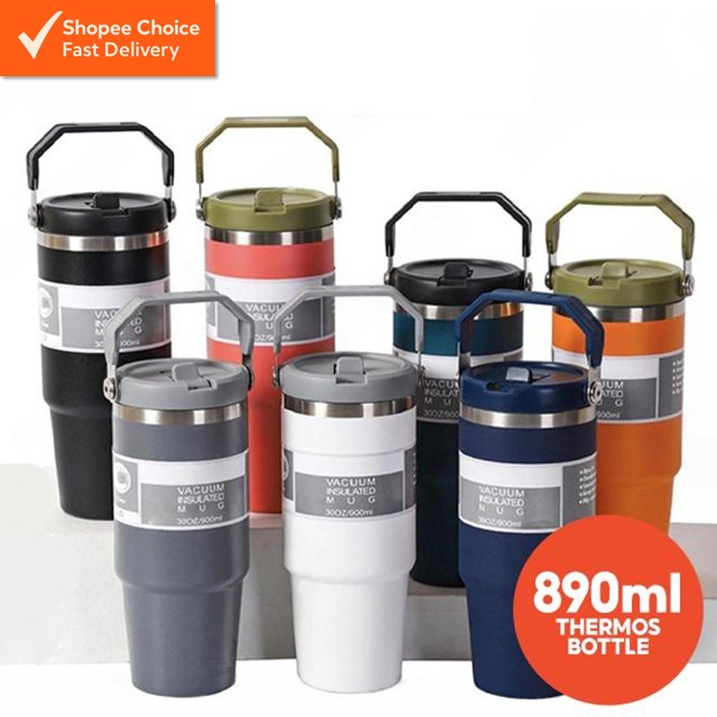 304 Stainless Steel Thermos Bottle–Insulated Vacuum Tumbler for Hot & Cold Drinks 890ml 保温水壶Thermo Cup w Straw & Handle