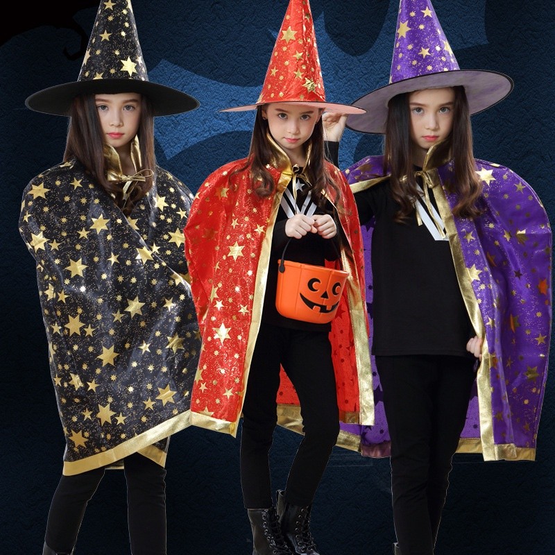 Quality Reliable 2Pcs/Set Kids Childrens' Halloween Costume Witch Cloak Cape Hat Cosplay Prop Purpose Have - Image 3