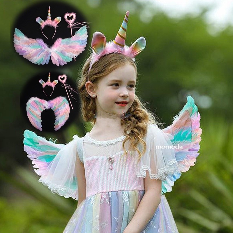 Hi-Kid Angel Wings for Kids Baby Girl Angel Costume White Feather Fairy Wings Wand Halo Skirt Cosplay Birthday Set Infan